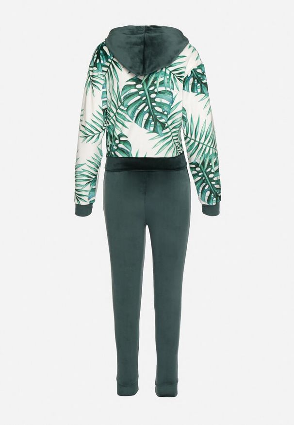 Born2be - Ciemnozielony Welurowy Komplet Dresowy Bluza z Florystycznym Printem i Szerokie Spodnie Taniussa. Kolor: zielony. Materiał: welur, dresówka. Wzór: nadruk