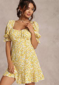 Renee - Żółta Sukienka Gaelina. Kolor: żółty. Wzór: nadruk, kwiaty. Typ sukienki: rozkloszowane. Długość: mini