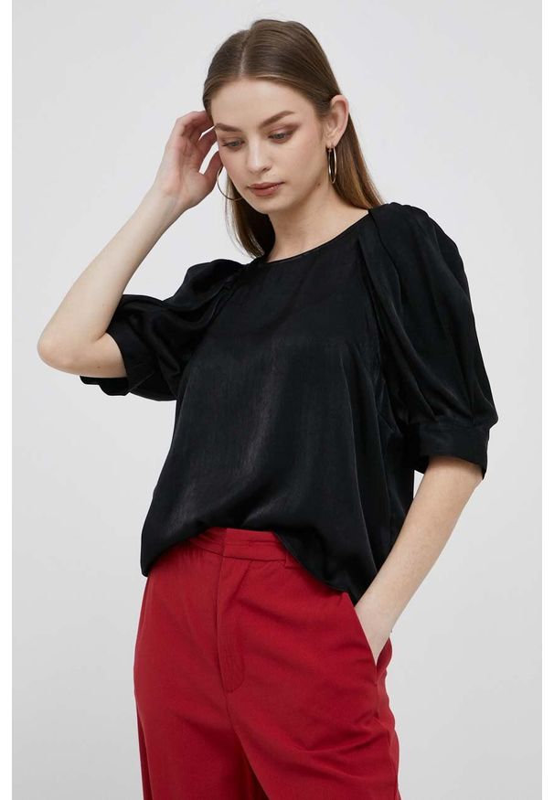 DKNY - Dkny bluzka damska kolor czarny gładka. Kolor: czarny. Materiał: materiał. Długość: krótkie. Wzór: gładki. Styl: klasyczny