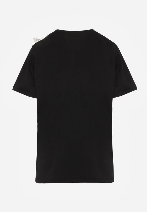 Born2be - Czarno-Biały Klasyczny T-shirt z Bawełny Zdobiony Aplikacją 3D w Kształcie Kwiatów Noebel. Okazja: na co dzień. Kolor: czarny. Materiał: bawełna. Wzór: aplikacja, kwiaty. Styl: klasyczny