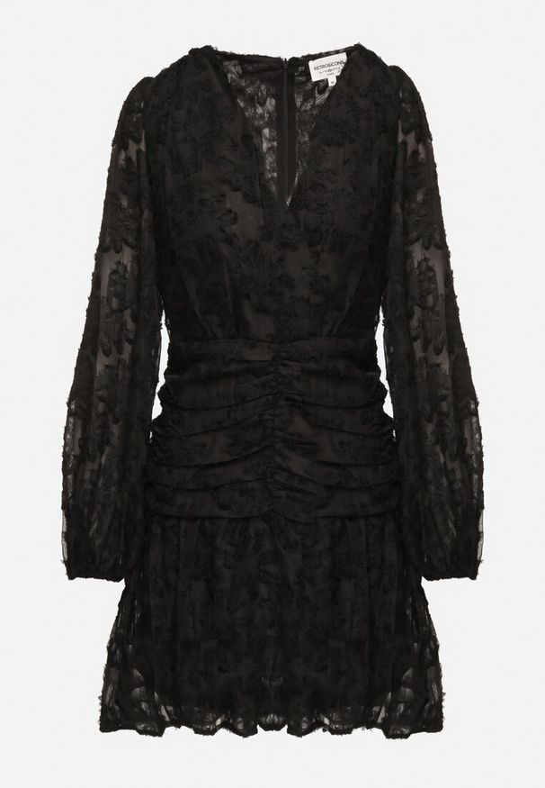 Born2be - Czarna Koronkowa Sukienka z Kopertowym Dekoltem i Marszczeniami Labisse. Okazja: na co dzień. Typ kołnierza: dekolt kopertowy. Kolor: czarny. Materiał: koronka. Typ sukienki: kopertowe. Styl: casual, klasyczny