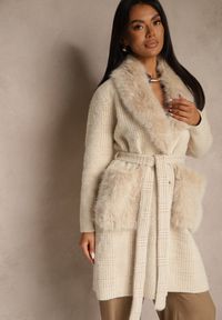 Renee - Beżowy Płaszcz z Wiskozą o Eleganckim Kroju z Futerkiem i Wiązaniem w Talii Lanirea. Okazja: na co dzień. Kolor: beżowy. Materiał: wiskoza, futro. Styl: elegancki