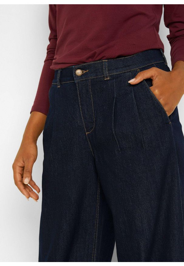 bonprix - Dżinsy o kroju wide leg, high waist z wygodnym paskiem. Stan: podwyższony. Kolor: niebieski. Styl: elegancki