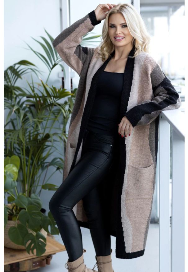 PeeKaBoo - Elegancki długi sweter kardigan z wełną czarno beżowy. Kolor: czarny, beżowy, wielokolorowy. Materiał: wełna. Długość: długie. Styl: elegancki