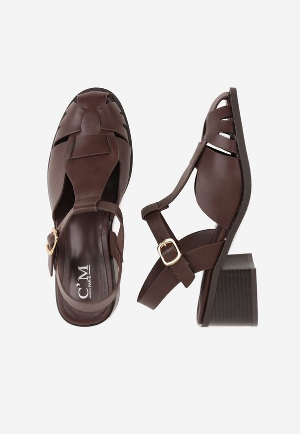 Renee - Ciemnobrązowe Sandały na Słupku Ozdobione Wycięciami Rharlan. Zapięcie: sprzączka. Kolor: brązowy. Wzór: aplikacja. Sezon: lato. Obcas: na słupku. Styl: elegancki. Wysokość obcasa: średni