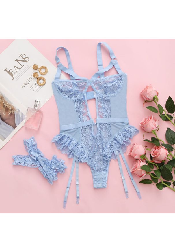 Intica - Body koronkowe z falbankami na specjalne okazje Ascenza. Kolor: niebieski. Materiał: koronka. Wzór: koronka