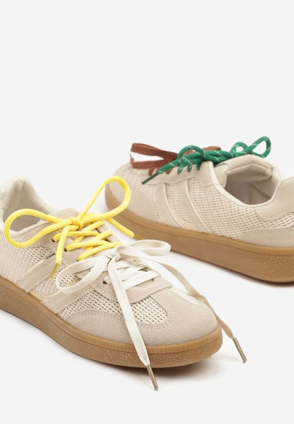 Born2be - Beżowe Sneakersy z Podwójnym Wiązaniem i Geometrycznym Wzorem Telanielia. Okazja: na spacer. Kolor: beżowy. Materiał: jeans. Wzór: geometria. Sport: turystyka piesza