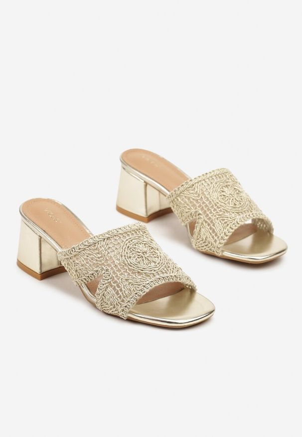 Born2be - Złote Klapki Vices na Obcasie z Plecioną Cholewką Desaviel. Okazja: na co dzień. Kolor: złoty. Materiał: jeans. Obcas: na obcasie. Styl: elegancki, casual. Wysokość obcasa: średni