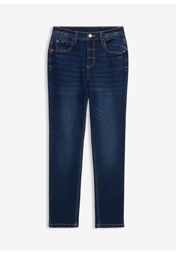 bonprix - Dżinsy ze stretchem i regulowanym paskiem, proste nogawki, slim fit. Kolor: niebieski
