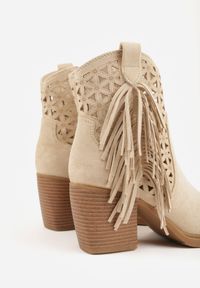 Born2be - Beżowe Botki Kowbojki na Stożkowym Obcasie z Ażurowym Wzorem i Eathetina. Okazja: na co dzień. Kolor: beżowy. Materiał: jeans. Wzór: ażurowy. Obcas: na obcasie. Styl: boho, casual, elegancki. Wysokość obcasa: średni #5
