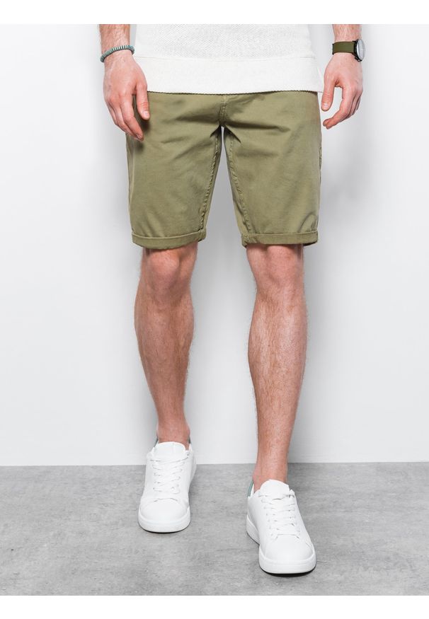 Ombre Clothing - Krótkie spodenki męskie casual W303 - khaki - M. Okazja: na co dzień. Kolor: brązowy. Materiał: elastan, bawełna, tkanina. Długość: krótkie. Sezon: lato. Styl: casual