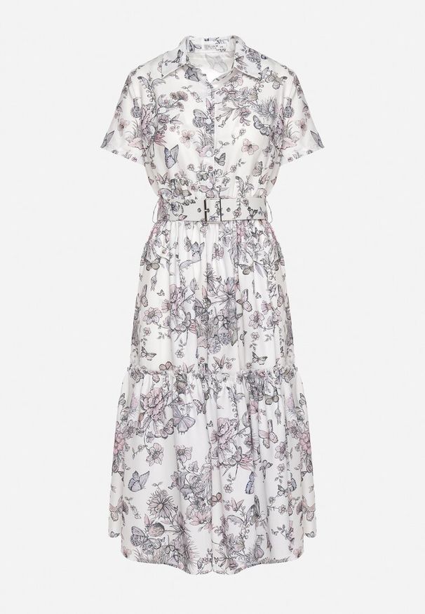 Born2be - Biało-Szara Koktajlowa Sukienka w Kwiaty z Gumką w Talii i Ozdobnym Paskiem Vimaretta. Okazja: na co dzień. Kolor: biały. Materiał: tkanina, jeans. Wzór: kwiaty. Sezon: lato. Styl: wizytowy