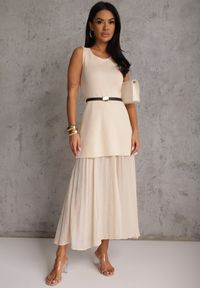 Renee - Beżowa Dzianinowa Sukienka z Wiskozą Zdobiona Podszewką i Paskiem z Klamrą Arkilia. Okazja: na co dzień. Kolor: beżowy. Materiał: dzianina, wiskoza. Wzór: aplikacja. Styl: casual #8