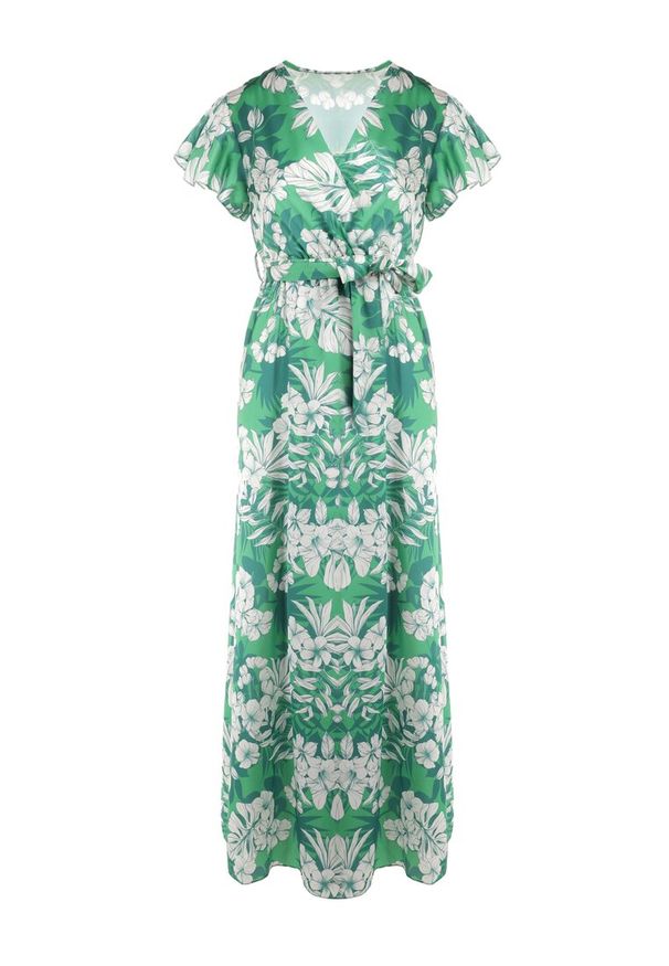 Born2be - Zielona Sukienka Auclair. Kolor: zielony. Materiał: materiał. Długość rękawa: krótki rękaw. Wzór: kwiaty, aplikacja. Sezon: lato. Typ sukienki: kopertowe. Styl: elegancki. Długość: maxi