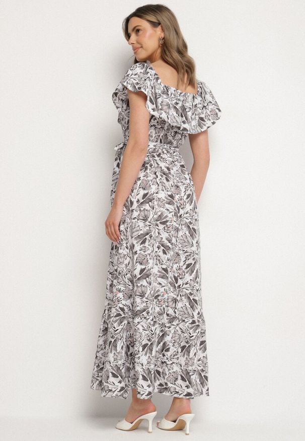 Born2be - Ciemnoszara Sukienka Hiszpanka z Bawełną w Kwiaty Mreova. Okazja: na co dzień. Typ kołnierza: dekolt hiszpanka. Kolor: szary. Materiał: bawełna. Wzór: kwiaty. Styl: klasyczny, casual, elegancki