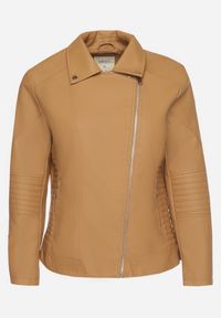 Born2be - Brązowa Kurtka Ramoneska z Ekoskóry z Ozdobnymi Paskami na Napy Bellassa. Typ kołnierza: kołnierzyk stójkowy. Kolekcja: plus size. Kolor: brązowy. Wzór: paski #3