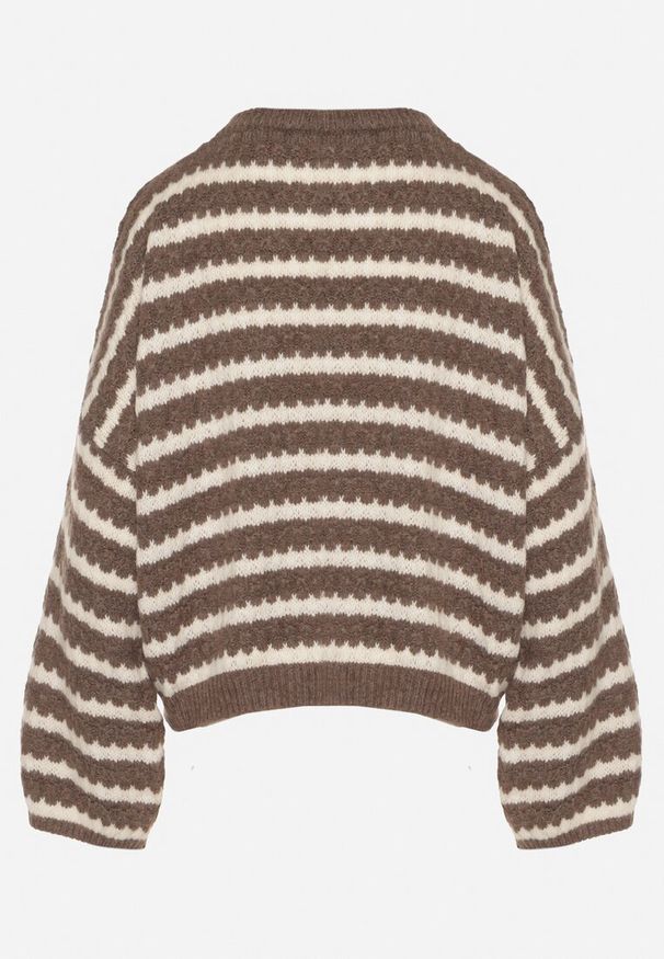 Born2be - Brązowy Sweter Oversize z Wełną i Wiskozą o Luźnym Splocie w Paski Ternose. Okazja: na co dzień. Kolor: brązowy. Materiał: wiskoza, wełna. Wzór: ze splotem, paski. Styl: casual, klasyczny