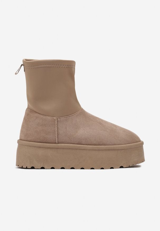 Renee - Ciemnobeżowe Śniegowce na Platformie z Elastyczną Cholewką Linnastra. Okazja: na co dzień. Kolor: beżowy. Materiał: dzianina, jeans, puch. Szerokość cholewki: normalna. Sezon: zima, jesień. Obcas: na platformie. Styl: casual, elegancki. Wysokość obcasa: średni