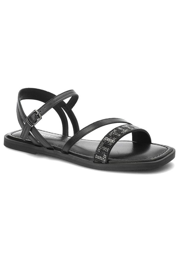 Czarne Sandały Tamaris Eleganckie Płaskie Buty. Okazja: na co dzień. Zapięcie: pasek. Kolor: czarny. Materiał: skóra. Wzór: paski. Sezon: lato. Obcas: na płaskiej podeszwie. Styl: elegancki