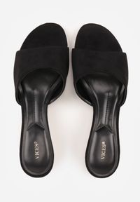 Born2be - Czarne Klapki VICES na Obcasie Kaczuszka ze Wstawką Imitującą Drewno Azada. Okazja: na co dzień, do pracy. Kolor: czarny. Materiał: jeans, materiał. Obcas: na obcasie. Styl: casual. Wysokość obcasa: średni #4