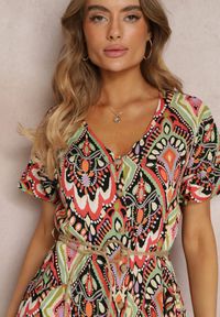 Renee - Czerwono-Zielona Sukienka Maxi z Krótkim Rękawem i Sznurkiem w Pasie Nosine. Kolor: czerwony. Długość rękawa: krótki rękaw. Długość: maxi #3