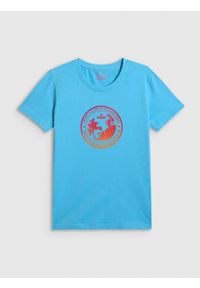 4f - 4F T-shirt regular z nadrukiem damski - niebieski XL. Okazja: na co dzień. Kolor: niebieski. Materiał: dzianina, bawełna, materiał. Wzór: nadruk. Styl: casual, klasyczny, sportowy #1