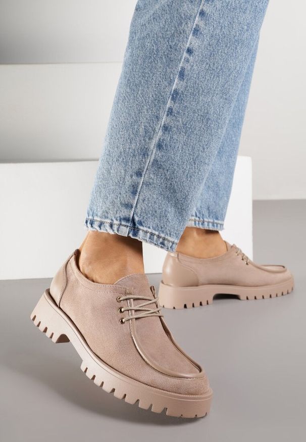 Born2be - Ciemnobeżowe Sznurowane Półbuty Mokasyny w Żeglarskim Stylu Charnys. Okazja: na co dzień, na spacer. Kolor: beżowy. Materiał: jeans. Styl: klasyczny, casual