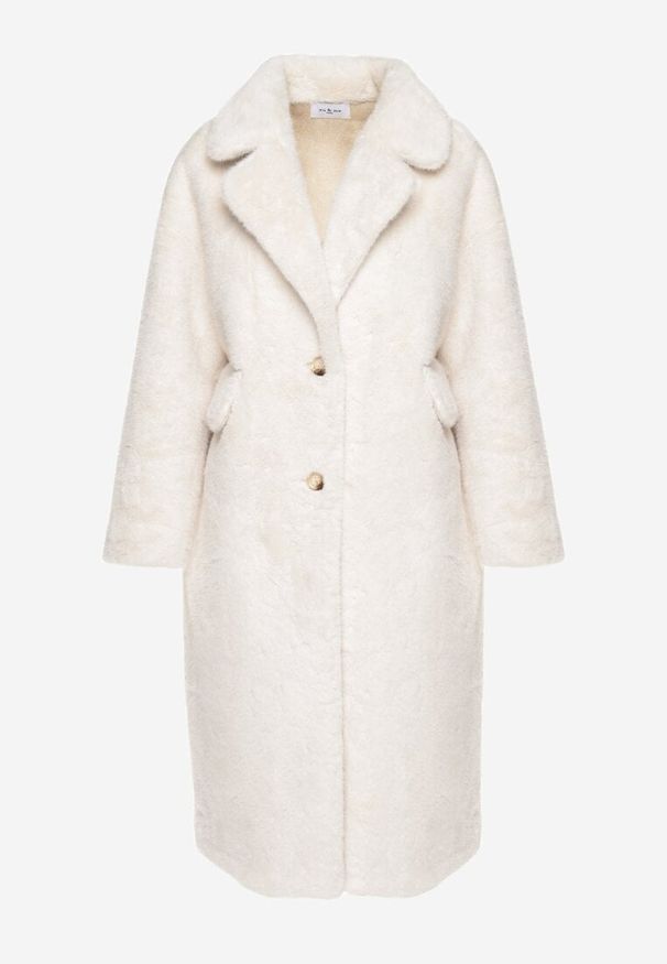 Born2be - Biały Futrzany Płaszcz Jednorzędowy z Kieszeniami Zapinany na Guziki Parilda. Okazja: na co dzień. Kolor: biały. Materiał: futro. Sezon: zima. Styl: casual, elegancki