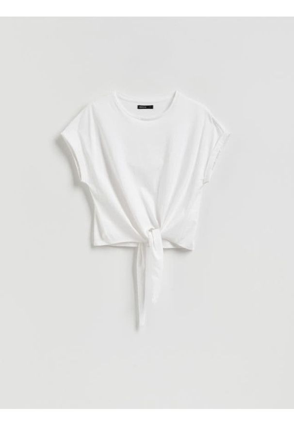 Reserved - T-shirt z wiązaniem - biały. Kolor: biały. Materiał: dzianina, bawełna