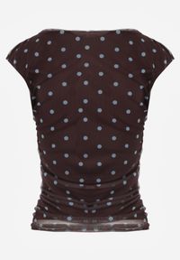 Born2be - Brązowa Bluzka bez Rękawów w Kropki z Siateczki Thespis. Okazja: do pracy, na co dzień. Kolor: brązowy. Materiał: materiał, jeans. Długość rękawa: bez rękawów. Długość: długie. Wzór: kropki. Styl: casual #5