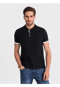 Ombre Clothing - Męska koszulka polo bez kołnierzyka - czarna V8 - Rozmiar: M. Typ kołnierza: polo, bez kołnierzyka. Kolor: czarny. Materiał: bawełna. Długość: długie
