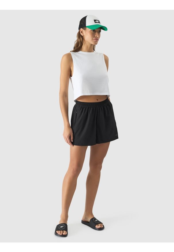 4f - 4F Spodenki plażowe damskie - czarne S. Okazja: na plażę. Kolor: czarny. Materiał: materiał, syntetyk, włókno, guma, elastan. Sezon: lato. Styl: casual, wakacyjny