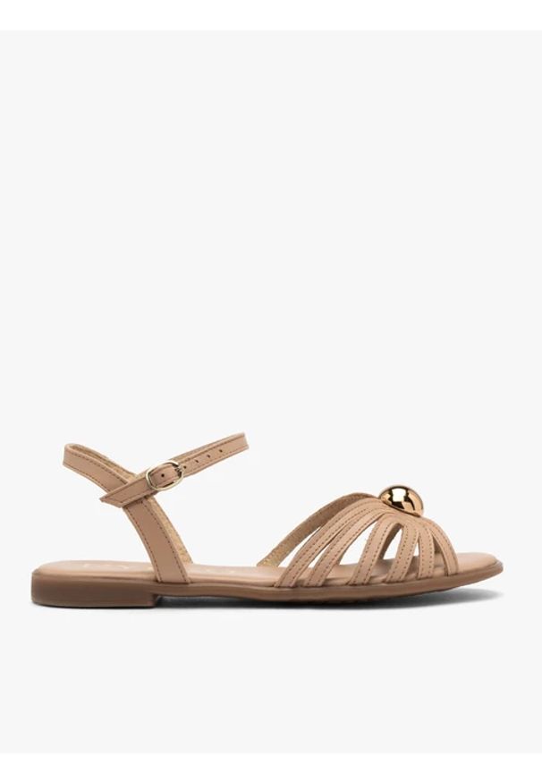 Ryłko - Beżowe sandały damskie płaskie. Zapięcie: sprzączka. Kolor: beżowy. Materiał: skóra. Styl: street