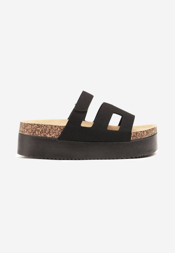 Renee - Czarne Klapki na Platformie Ozdobione Wycięciami Velvesia. Okazja: na co dzień. Kolor: czarny. Materiał: jeans. Wzór: aplikacja. Sezon: wiosna, lato. Obcas: na platformie. Styl: casual, elegancki