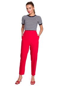 MOE - Spodnie z Ozdobnymi Klamerkami w Pasie - Czerwone. Kolor: czerwony. Materiał: poliester, elastan, wiskoza