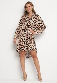 Born2be - Beżowa Wiskozowa Sukienka Koszulowa z Lnem w Panterkę w Stylu Nietoperza Emarille. Okazja: na co dzień. Kolor: beżowy. Materiał: len, wiskoza. Wzór: motyw zwierzęcy. Typ sukienki: koszulowe. Styl: klasyczny, casual #6