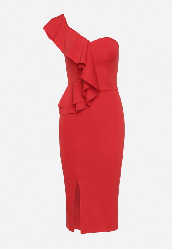 Born2be - Czerwona Koktajlowa Sukienka Bodycon na Jedno Ramię Ozdobiona Falbanką Uvalia. Kolor: czerwony. Materiał: dzianina. Wzór: aplikacja. Typ sukienki: bodycon. Styl: wizytowy