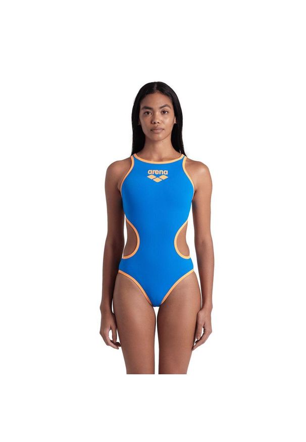 Strój kąpielowy damski jednoczęściowy sportowy na basen Arena Big Logo. Kolor: niebieski, wielokolorowy, pomarańczowy