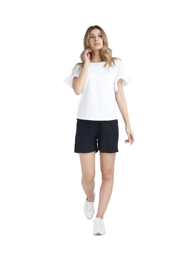 LEONE 1947 APPAREL - Błyszcząca damska koszulka z krótkim rękawem i falbaną. Kolor: biały. Materiał: tkanina. Długość rękawa: krótki rękaw. Długość: krótkie. Sport: fitness