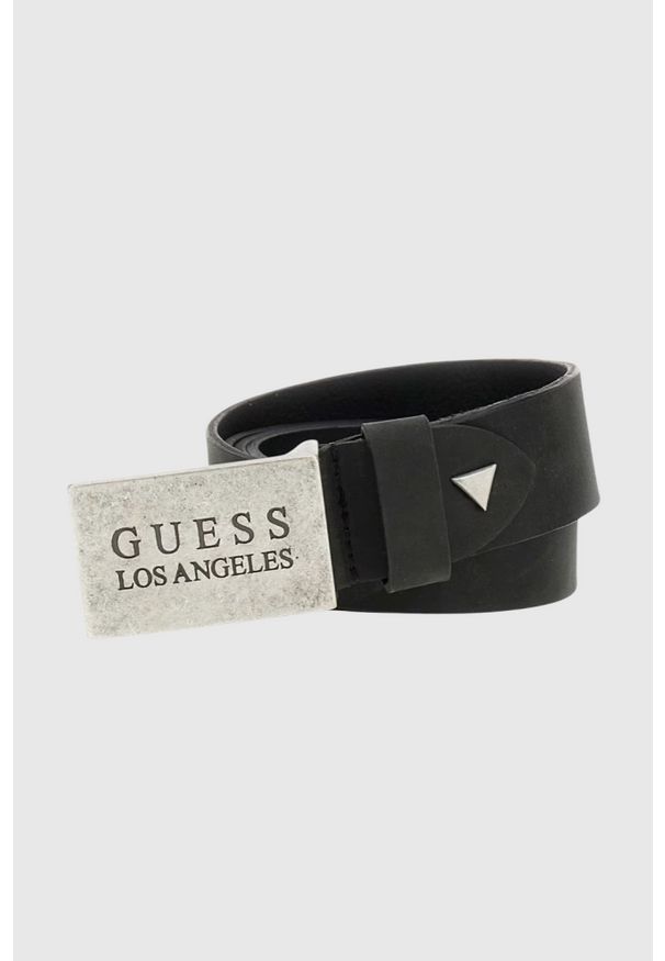 Guess - GUESS Czarny męski pasek z naturalnej skóry Algarve. Kolor: czarny. Materiał: skóra