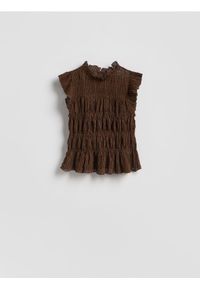 Reserved - Bluzka z marszczeniem - ciemnobrązowy. Kolor: brązowy. Materiał: dzianina