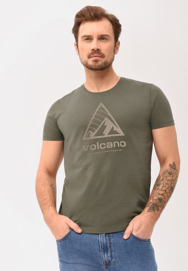 Volcano - Bawełniany t-shirt T-PIK. Okazja: na co dzień. Kolor: brązowy. Materiał: bawełna. Wzór: nadruk. Styl: sportowy, casual, klasyczny