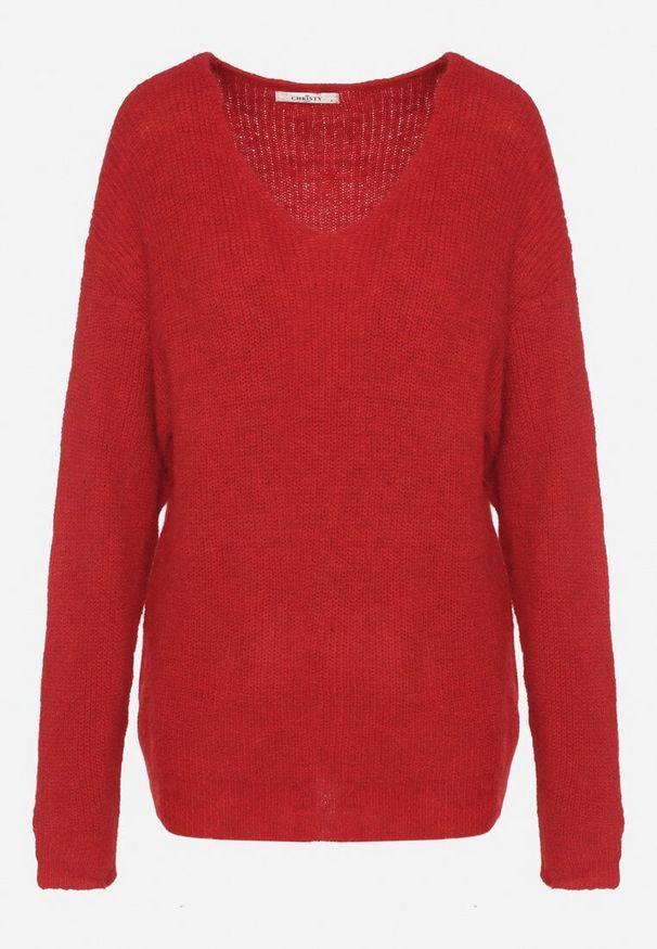 Born2be - Czerwony Sweter z Dodatkiem Wełny i Trójkątnym Dekoltem Esmina. Okazja: na co dzień. Kolor: czerwony. Materiał: wełna. Styl: casual, klasyczny, elegancki