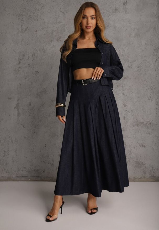 Renee - Granatowy Komplet z Bawełniano-Wiskozowej Imitacji Jeansu z Koszulą i Spódnicą z Paskiem Andaig. Kolor: niebieski. Materiał: wiskoza, jeans, bawełna