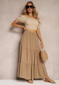 Renee - Ciemnobeżowa Wiskozowa Spódnica High Waist z Gumką w Talii i Falbanką Christiara. Stan: podwyższony. Kolor: beżowy. Materiał: wiskoza. Sezon: lato