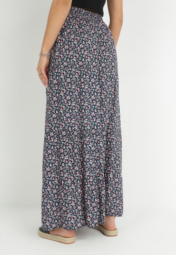 Born2be - Granatowa Bawełniana Spódnica Maxi w Kwiatki Amelix. Kolor: niebieski. Materiał: bawełna. Wzór: kwiaty