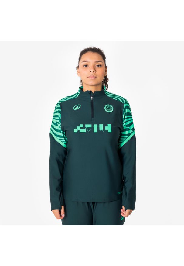 KIPSTA - Bluza piłkarska damska Kipsta Viralto na krótki suwak. Kolor: zielony, niebieski, wielokolorowy. Materiał: elastan, poliester, materiał. Długość: krótkie. Sport: piłka nożna