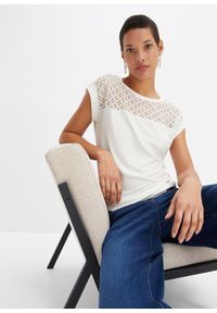 bonprix - T-shirt z miękkiej mieszanki wiskozy. Kolor: biały. Materiał: wiskoza, koronka. Wzór: koronka #1