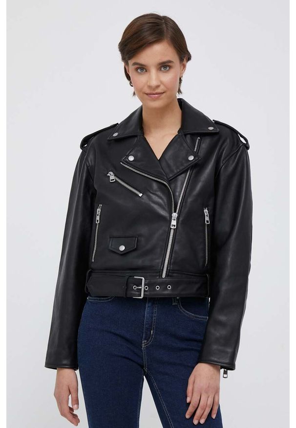 Calvin Klein Jeans ramoneska skórzana damska kolor czarny przejściowa oversize. Kolor: czarny. Materiał: skóra