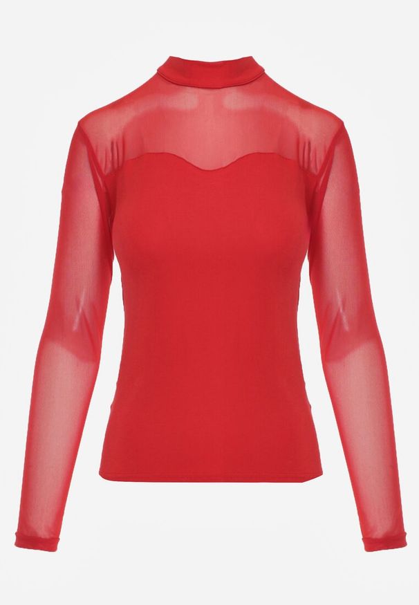 Renee - Czerwona Bluzka z Siateczkowym Dekoltem i Rękawami Lunesa. Okazja: na imprezę. Kolor: czerwony. Długość rękawa: na ramiączkach